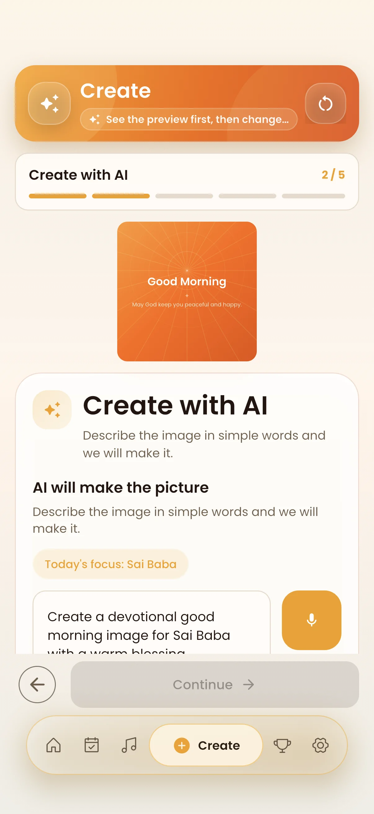 Pranam App Devotional AI Creation screen showing text prompts, themes, and customized blessings.