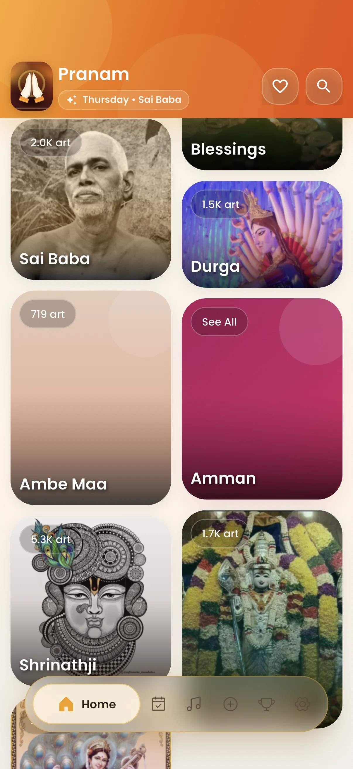 Pranam App deity categories, festival cards, and sacred temple darshan.