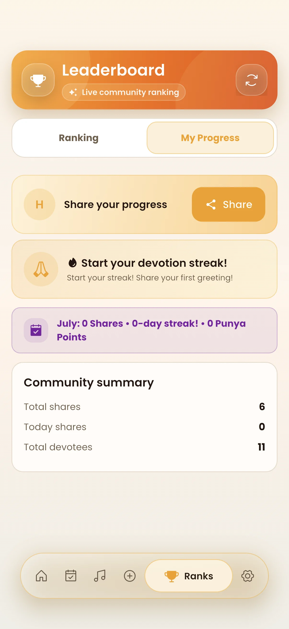 Pranam App Sadhana streaks and Mandali leaderboard screen.